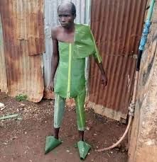 Homem usando um conjunto feito de folhas verdes