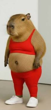 Capivara em pé usando top vermelho, legging vermelha e tênis branco